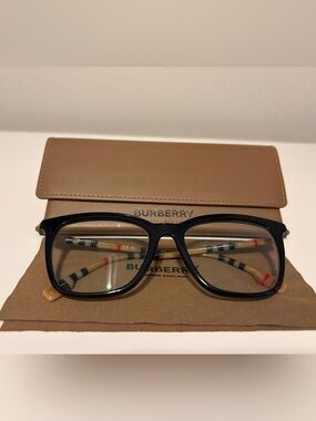Burberry Black Frame Eyeglasses with Burberry Check Temples